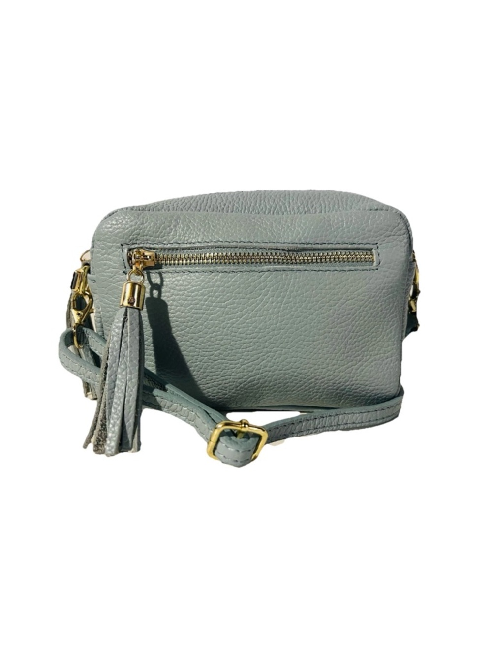 Made In Italy Crossbody Bag Genuine Leather Pebbled Grain Light Blue with Tassel